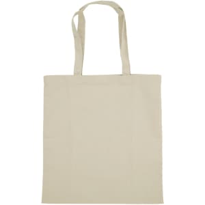 A plain beige cotton tote bag with two sturdy handles and no visible branding.