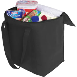 A black cooler bag filled with various food items and a drink bottle, featuring sturdy handles.