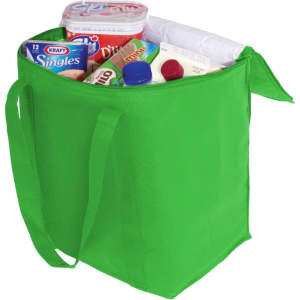 A green cooler bag filled with various food items, including a drink bottle and containers. The bag has handles and a logo.