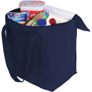 A navy cooler bag filled with drinks and assorted food items, featuring a branding logo on the exterior.