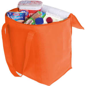 An orange cooler bag filled with various food items, including a drink bottle and snacks. It has sturdy handles and a logo.