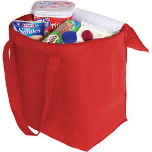A red cooler bag filled with various food items and a container, featuring handles for easy carrying.