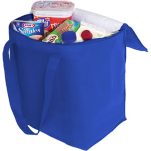 A blue cooler bag filled with various food items, including a container and drinks. It has handled straps and a logo.