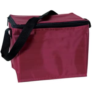 A maroon cooler bag with a black handle and zip closure, featuring a plain design and no visible branding.