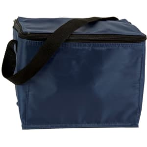 A navy blue cooler bag with a black strap and a zippered top, featuring a logo on the side.