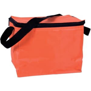 An orange cooler bag with a black zip and handle. The bag has a plain surface and includes a logo.