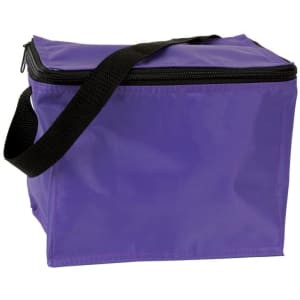 A purple cooler bag with a zip closure and a black shoulder strap, featuring a logo on the front.