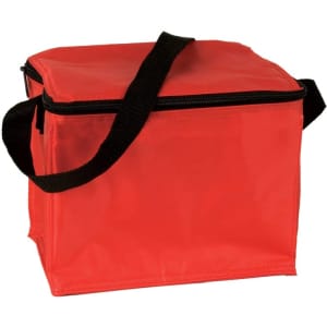 A bright red cooler bag with a black shoulder strap and a zip closure. The bag features a squared shape.