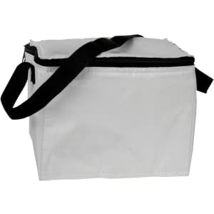 A white cooler bag with a zip closure and a black shoulder strap, featuring a logo on the side.