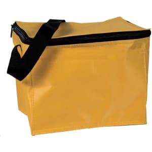 A yellow cooler bag with a black zipper and strap, featuring a simple design and sturdy construction.
