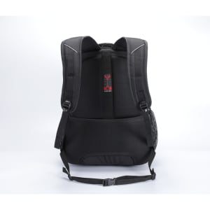 A black backpack featuring padded shoulder straps and mesh detailing. It includes a branding logo on the back.