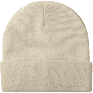 Acrylic rollup beanie hat in a neutral beige colour, featuring a folded cuff and a logo.