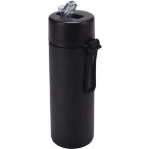 A drink bottle featuring a black stainless steel body, silicone handle, and a clear spout for convenient sipping.