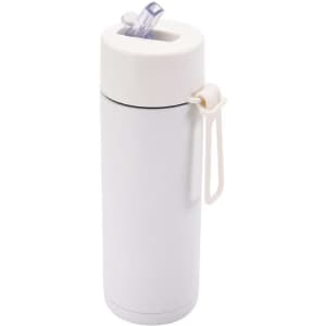 A drink bottle featuring a white stainless steel body and a silicone handle with a straw cap.