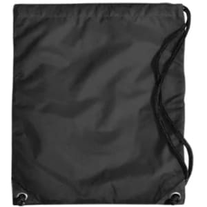 A black duffle bag with drawstring closure and eyelets at the base. It features a logo on the side.