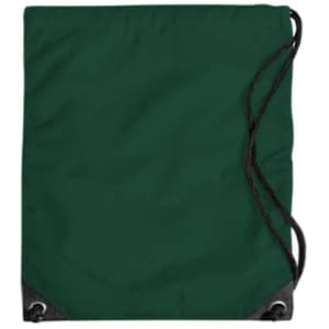 A green duffle bag with drawstring closure and black accents, featuring a logo.