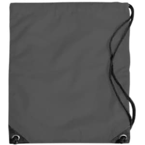 A grey duffle bag with drawstring closure and corner eyelets. It features a logo.