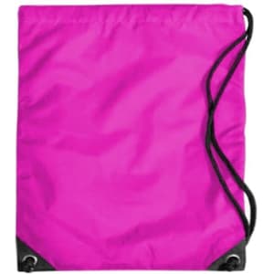 A pink duffle bag with black accents and drawstring closure. It features a logo on the front.