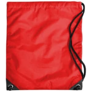 A red duffle bag with a drawstring closure and black accents, featuring a logo.