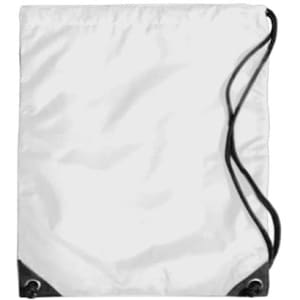 A white duffle bag with black corners and drawstring closure, featuring a logo.