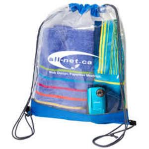 A clear PVC drawstring bag containing a towel, a beach blanket, and a blue electronic device, featuring a logo.