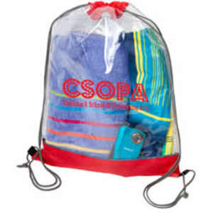 A clear PVC drawstring bag with a red base, containing a towel and a blue device. It features a logo on the front.