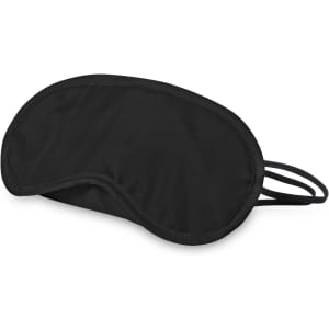 A black eye mask with straps, designed for comfort and sleep. Features a logo on the exterior.