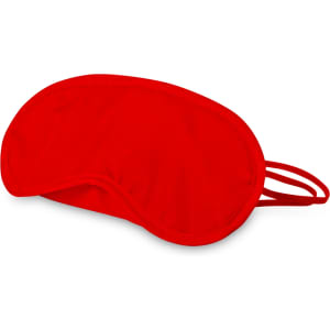 A red eye mask with an elastic strap, designed for comfort and light blockage, featuring a simple design.