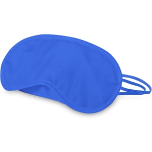 A blue eye mask featuring a soft fabric design and adjustable straps. It includes a logo on the surface.
