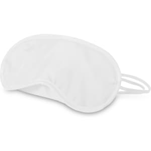 A white eye mask with a smooth texture and an elastic band for comfort. It features a logo on one side.