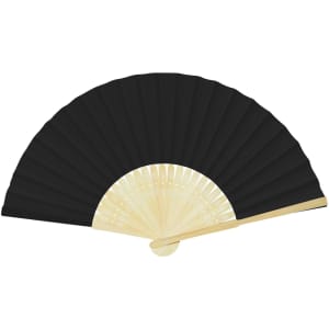 A black foldable fan with a wooden handle, featuring intricate cut-out designs along the edges.