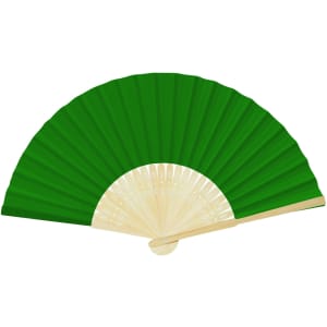 A foldable fan featuring a vibrant green fabric, with a wooden base and intricate detailing on the ribs.