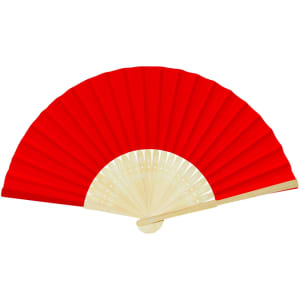 A red foldable fan with a cream-coloured handle, featuring decorative cut-outs on the fan’s structure.