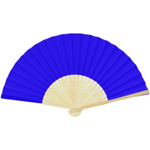 A blue foldable fan with a light wood handle and intricate cut-out details.