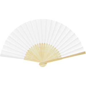 A foldable fan with a white fabric surface and wooden frame, featuring decorative cutouts on the handle.