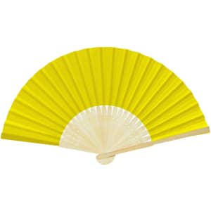 A bright yellow foldable fan with a wooden handle and intricate detailing on the ribbing.
