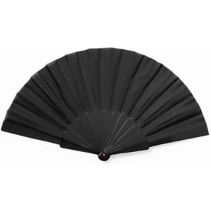 A black foldable fan opened, showcasing its pleated design and a central pivot point. It features a logo.
