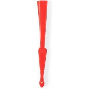 A red foldable fan with a sleek design and a small hole for hanging. It features a logo on one side.
