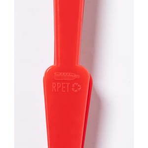 A red RPET foldable fan with a simple design, featuring a small logo on the handle.