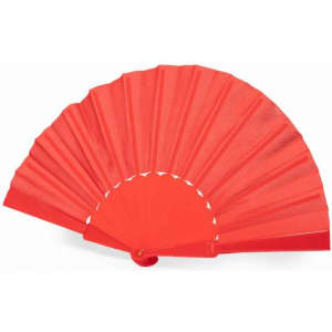 A foldable fan in vibrant red, featuring pleated design and a decorative handle. It includes a logo on the handle.