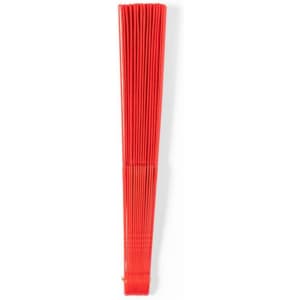 A red foldable fan with a smooth finish, featuring a simple design and a visible logo.