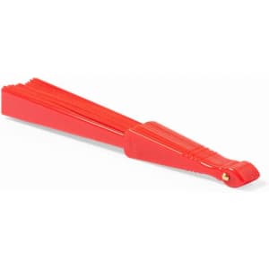 A red RPET foldable fan featuring a sleek design and a small handle, with a logo on it.