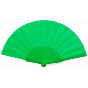 A green RPET foldable fan with a rounded handle and multiple fan blades. It features a logo.