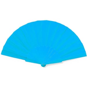 A foldable fan in vibrant blue, featuring a central pivot and multiple segments. It has a logo on the handle.