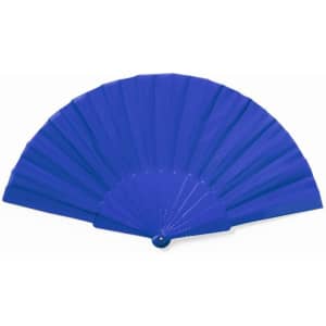 A blue RPET foldable fan with a circular base, fully opened to display its pleated design.