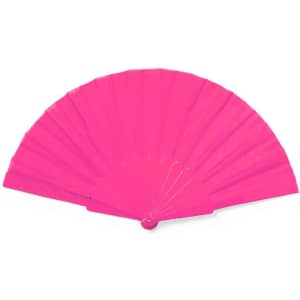 A pink RPET foldable fan with multiple pleats and a round handle, featuring a logo on the handle.