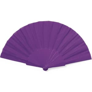 A purple RPET foldable fan with multiple pleats and a rounded handle, featuring a logo.
