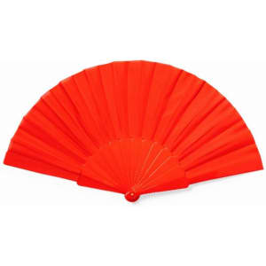 A bright red foldable fan with multiple pleats and a round base, featuring a logo.