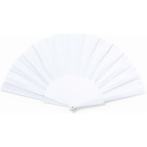 A foldable fan in white, featuring multiple pleats and a small button for opening and closing, with a logo.
