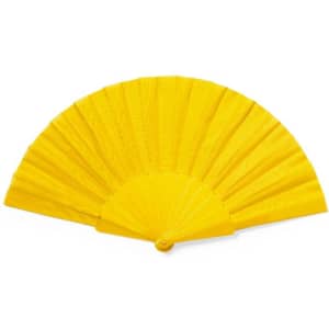 A foldable fan in bright yellow, featuring a textured design and a round base, with a logo on one side.
